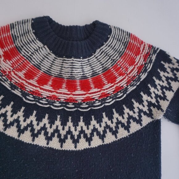 Roots Navy Red Cottagecore Knit 50% Wool Fisherman Fair Isle Crewneck Sweater XS - Picture 8 of 13